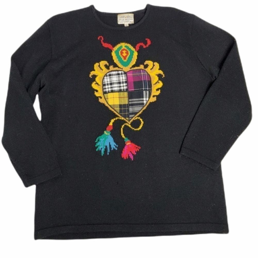VINTAGE 90s heart patchwork plaid crest black wool blend crew neck sweater L‎